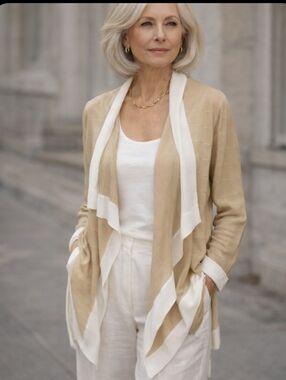 Misook Beige Long Cascade Knit Cardigan  White Trim Open-Front Old Money Sz S
